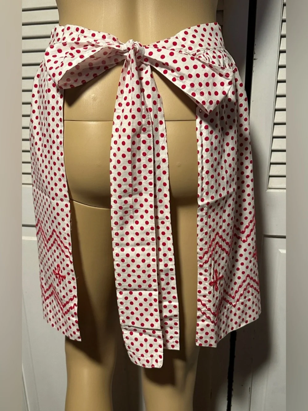 Vintage Kitchen Apron Red & White Polka Dot with Embroidery
